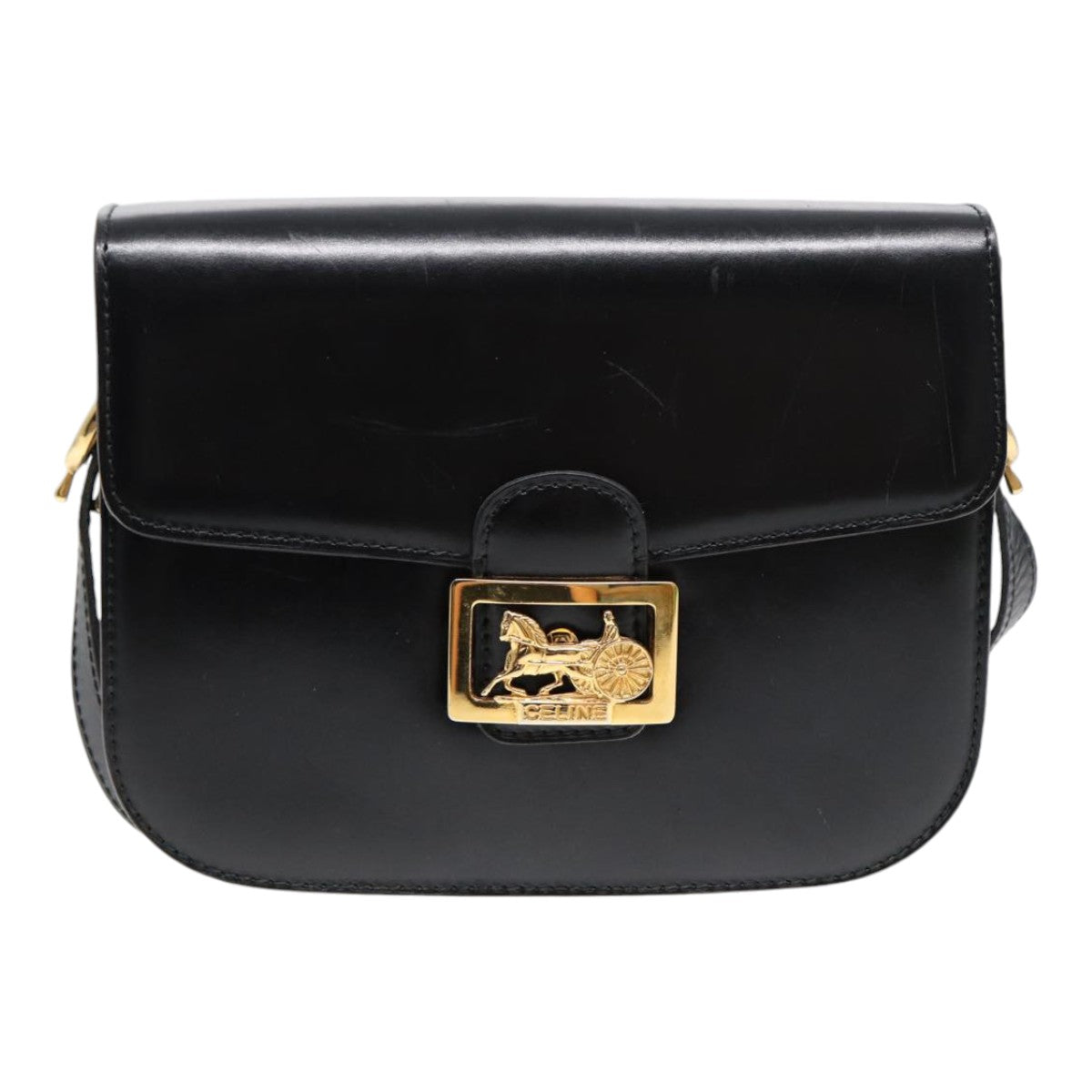 CELINE Shoulder Bag Leather Black Gold Auth 87746