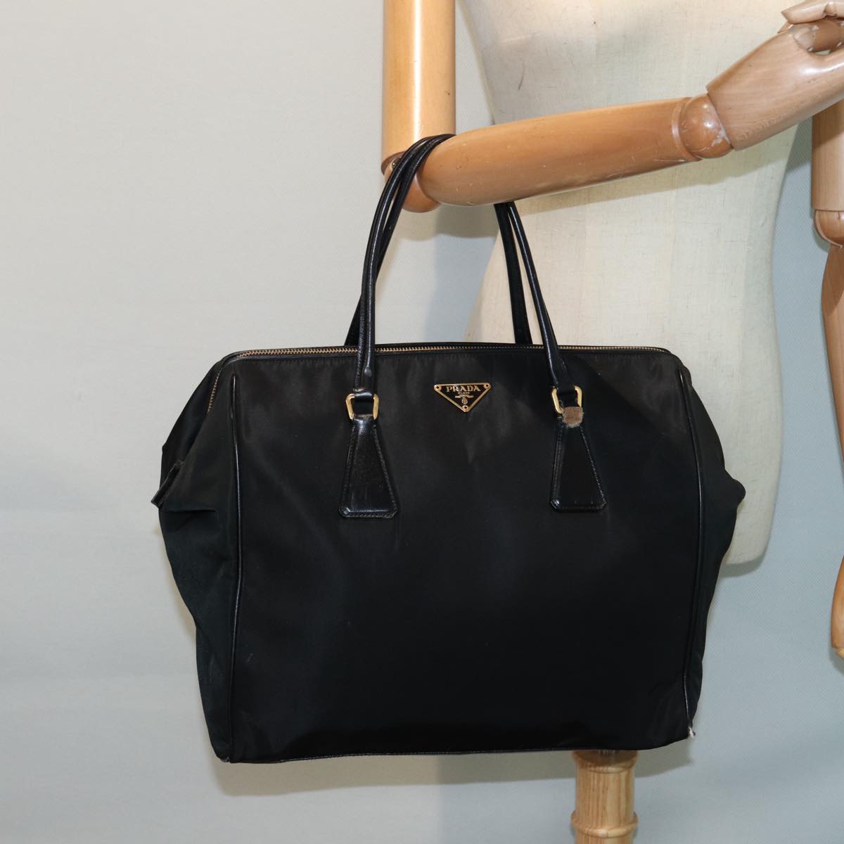 PRADA Hand Bag Nylon Black Gold Auth 87758