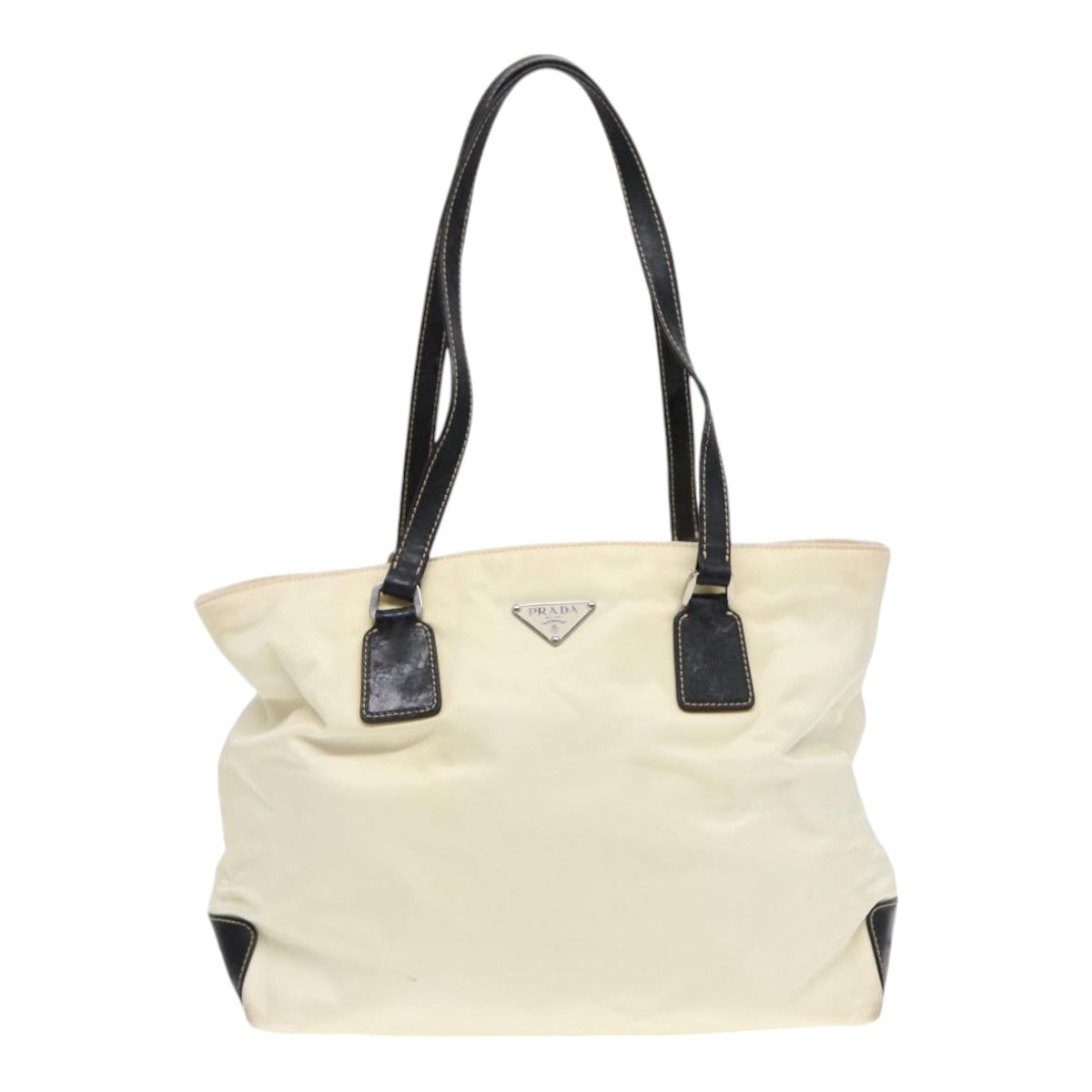 PRADA Tote Bag Nylon White Black Silver Auth 87762