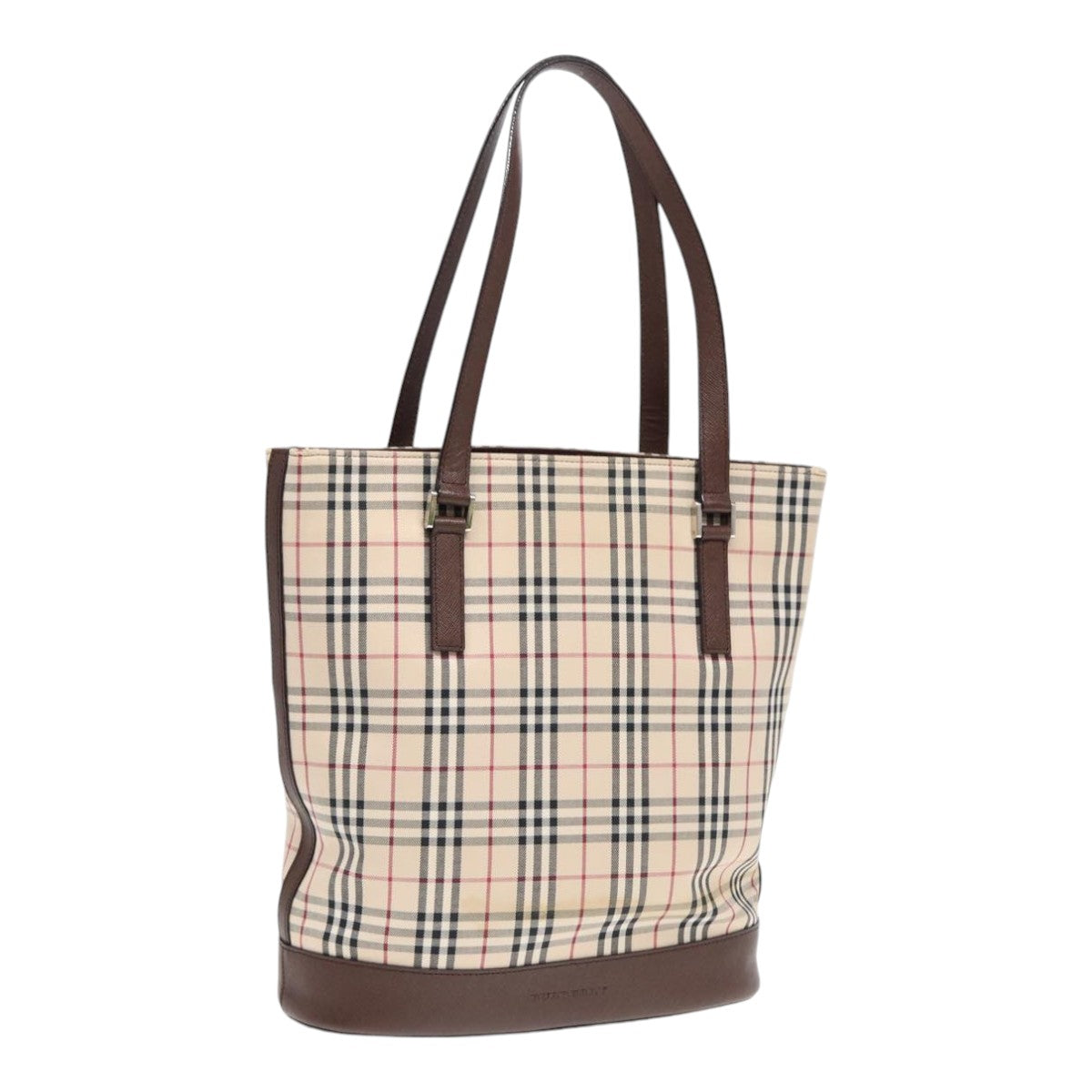 BURBERRY Nova Check Tote Bag Canvas Beige Brown Silver Auth 87766