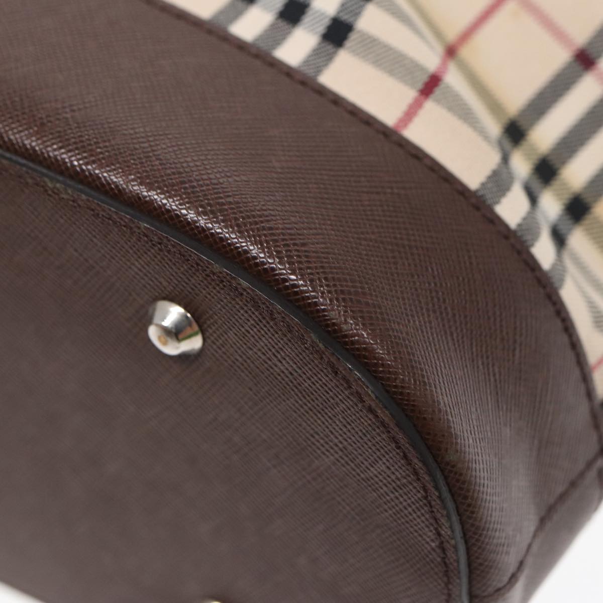 BURBERRY Nova Check Tote Bag Canvas Beige Brown Silver Auth 87766