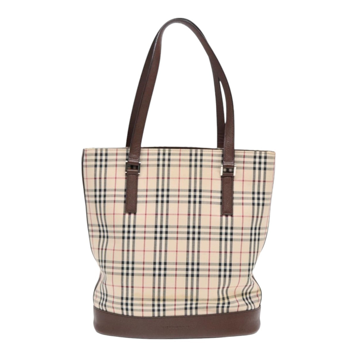 BURBERRY Nova Check Tote Bag Canvas Beige Brown Silver Auth 87766