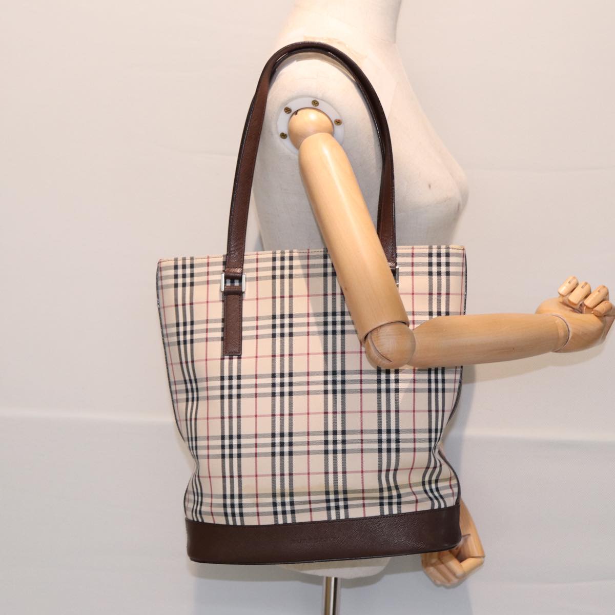 BURBERRY Nova Check Tote Bag Canvas Beige Brown Silver Auth 87766