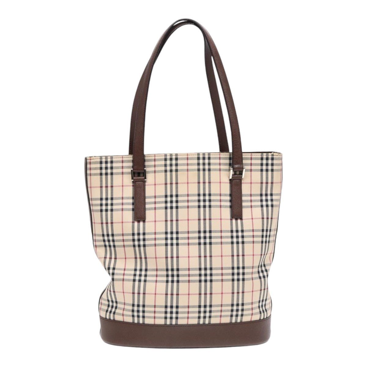 BURBERRY Nova Check Tote Bag Canvas Beige Brown Silver Auth 87766