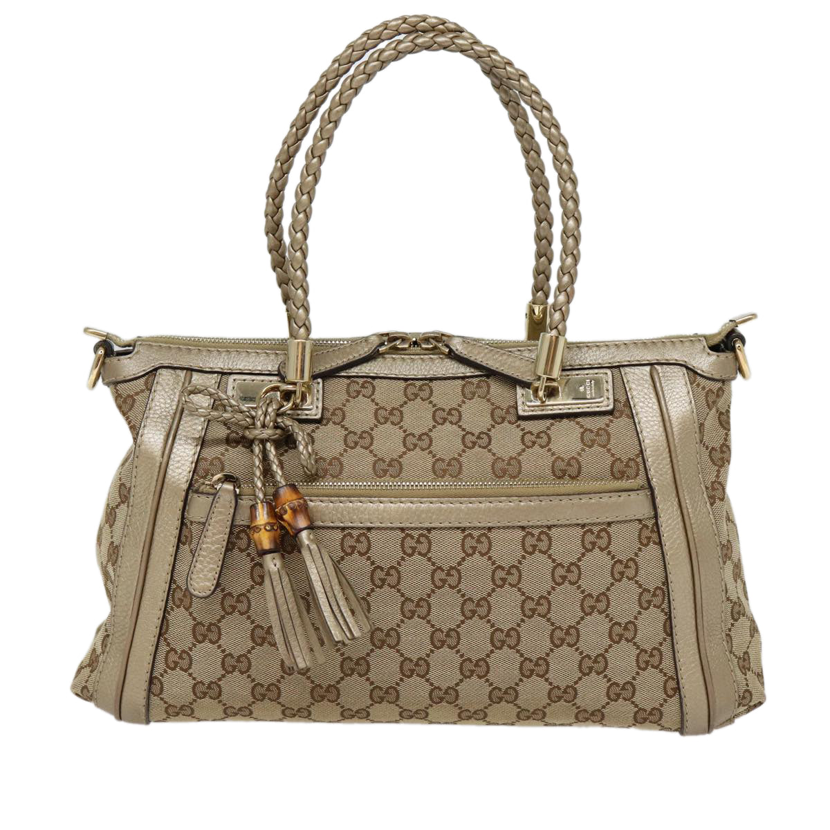 GUCCI GG Canvas Hand Bag Bamboo 2way Beige Gold 282300 Auth 87767 - 0