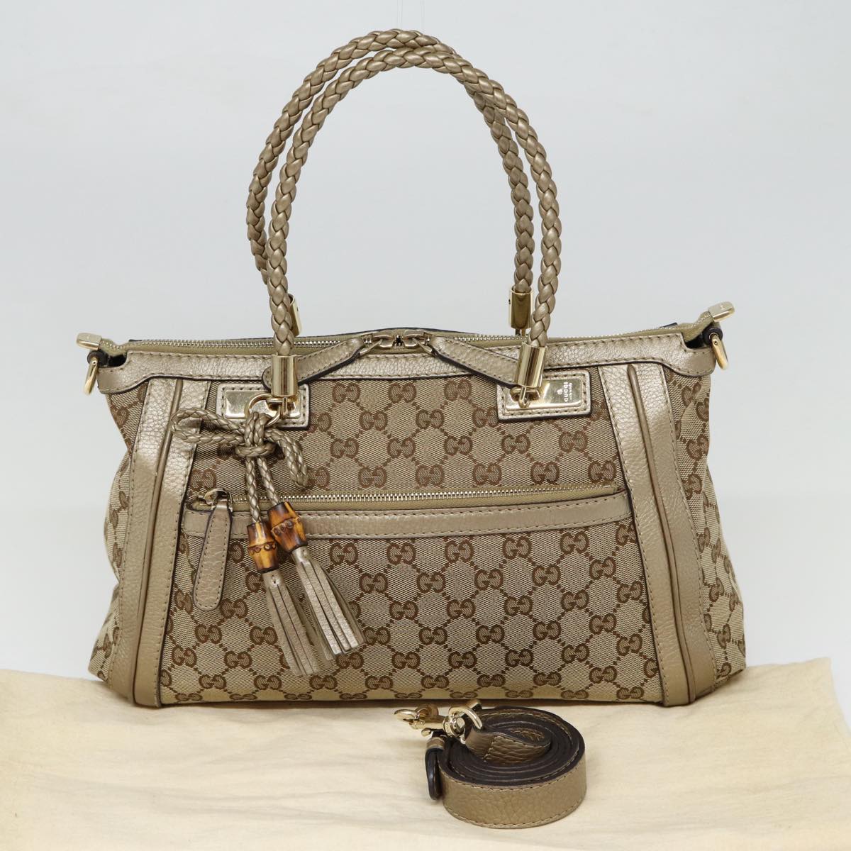 GUCCI GG Canvas Hand Bag Bamboo 2way Beige Gold 282300 Auth 87767