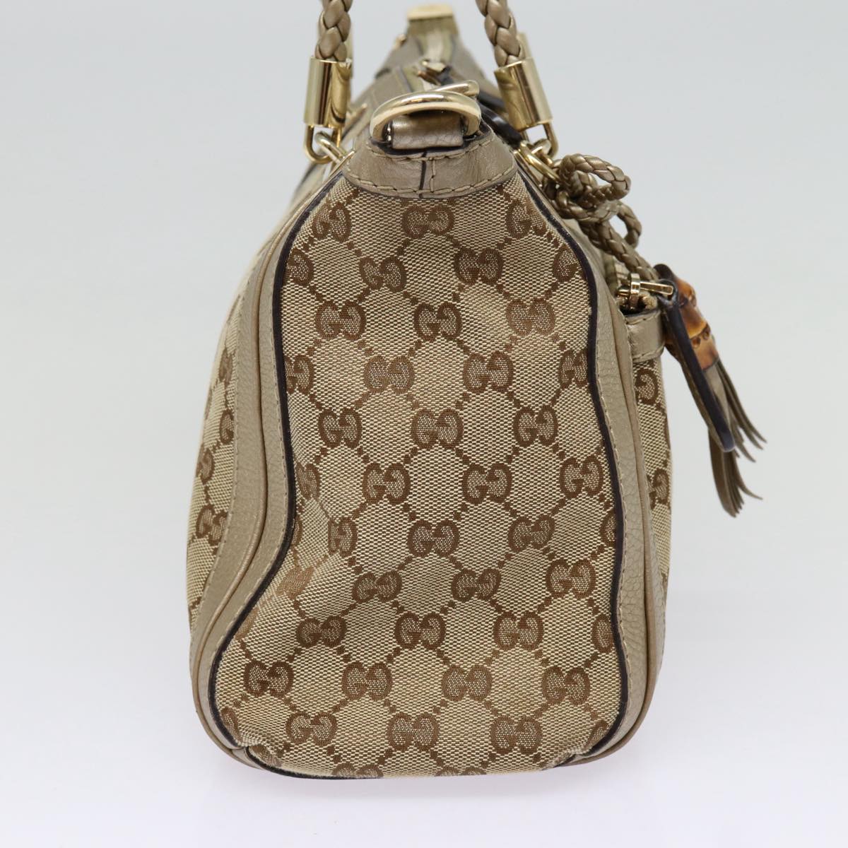 GUCCI GG Canvas Hand Bag Bamboo 2way Beige Gold 282300 Auth 87767