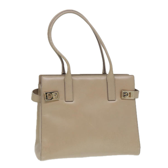 Salvatore Ferragamo Gancini Shoulder Bag Leather Beige Gold Auth 87768