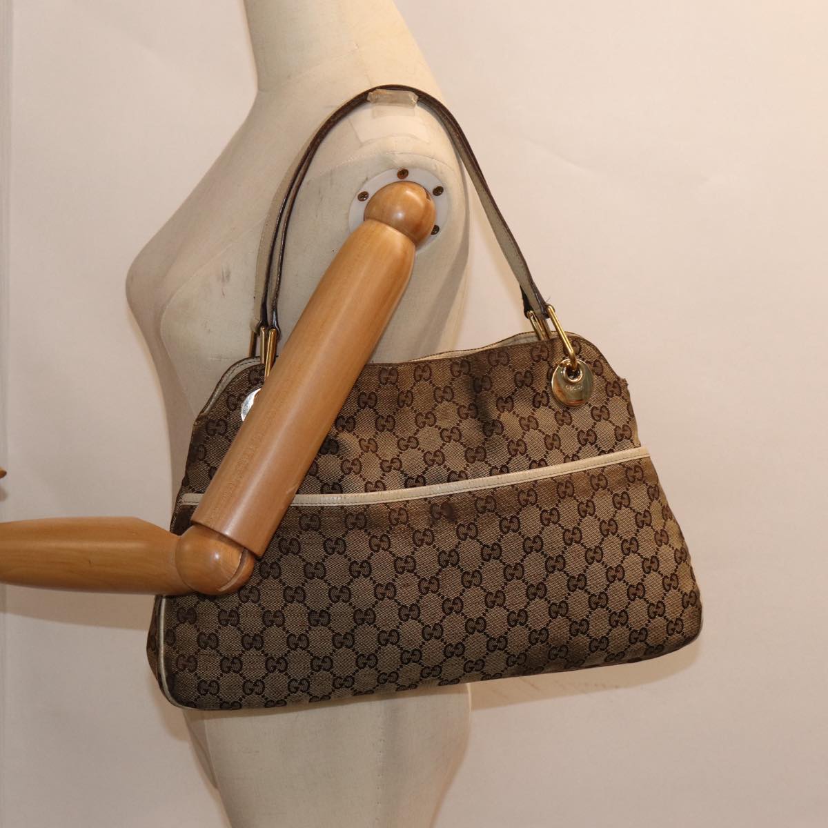 GUCCI GG Canvas Shoulder Bag Beige White gold 121023 Auth 87783