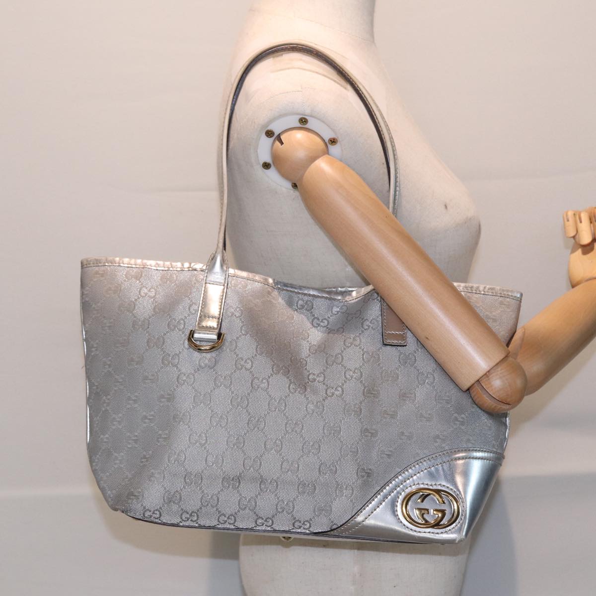 GUCCI GG Canvas Tote Bag Silver Auth 87799