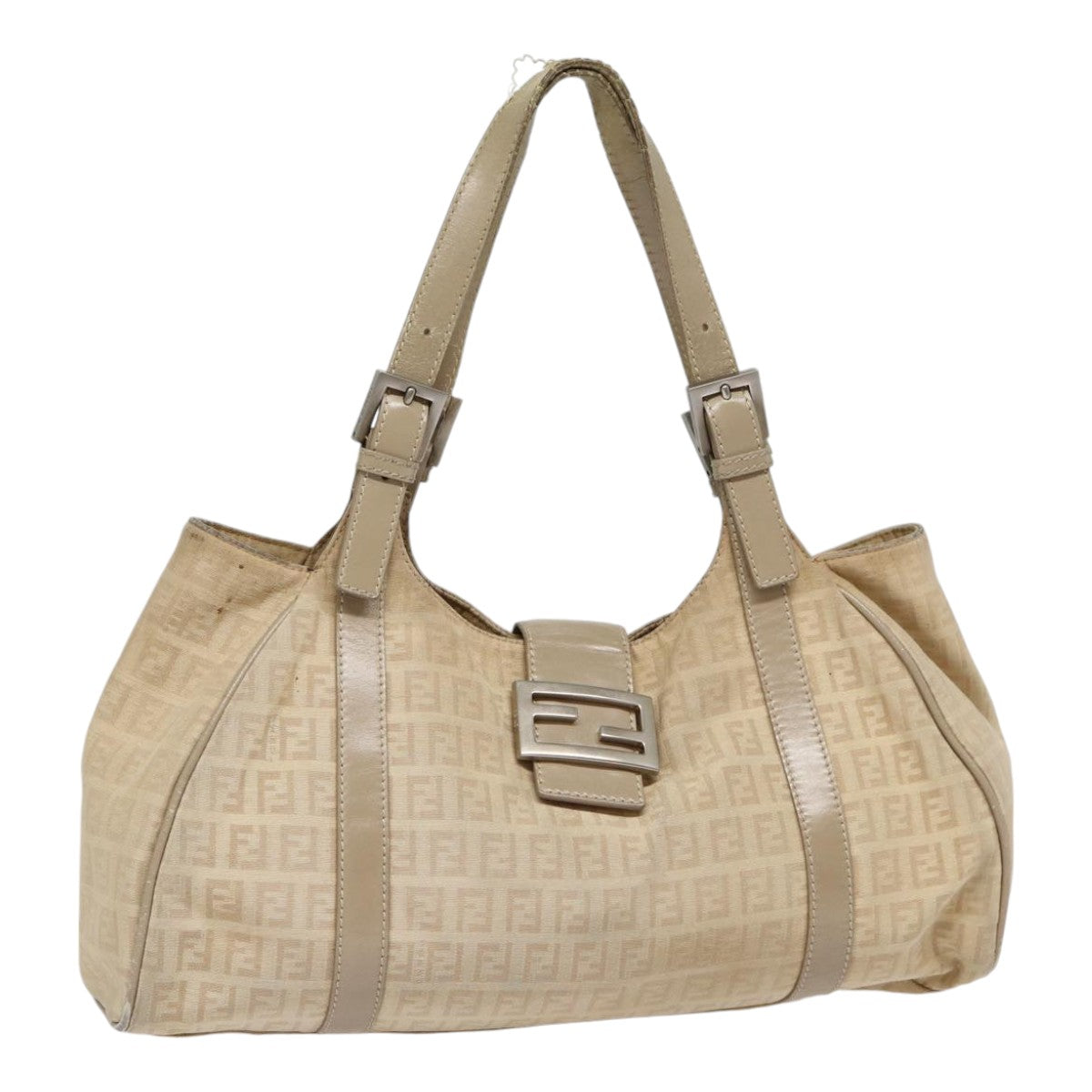 FENDI Zucchino Canvas Shoulder Bag Silver Beige Auth 87811