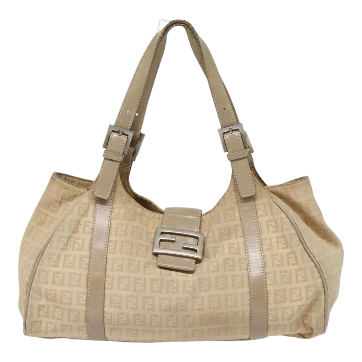 FENDI Zucchino Canvas Shoulder Bag Silver Beige Auth 87811