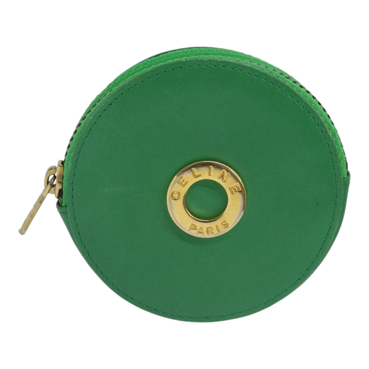 CELINE Coin Purse Leather Green Gold Auth 87854