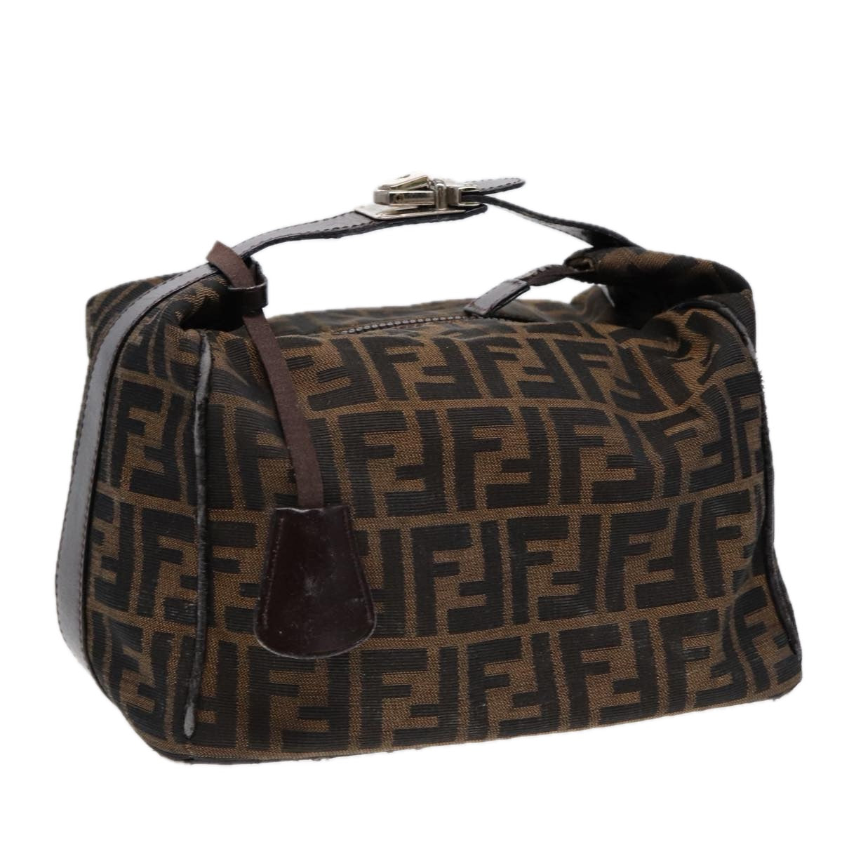 FENDI Zucca Canvas Vanity Pouch Brown Black Silver Auth 87877