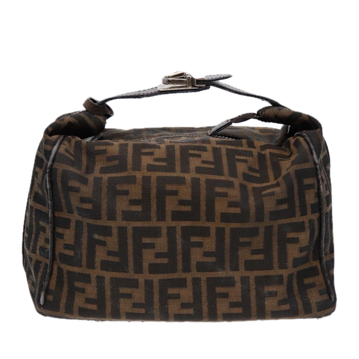 FENDI Zucca Canvas Vanity Pouch Brown Black Silver Auth 87877