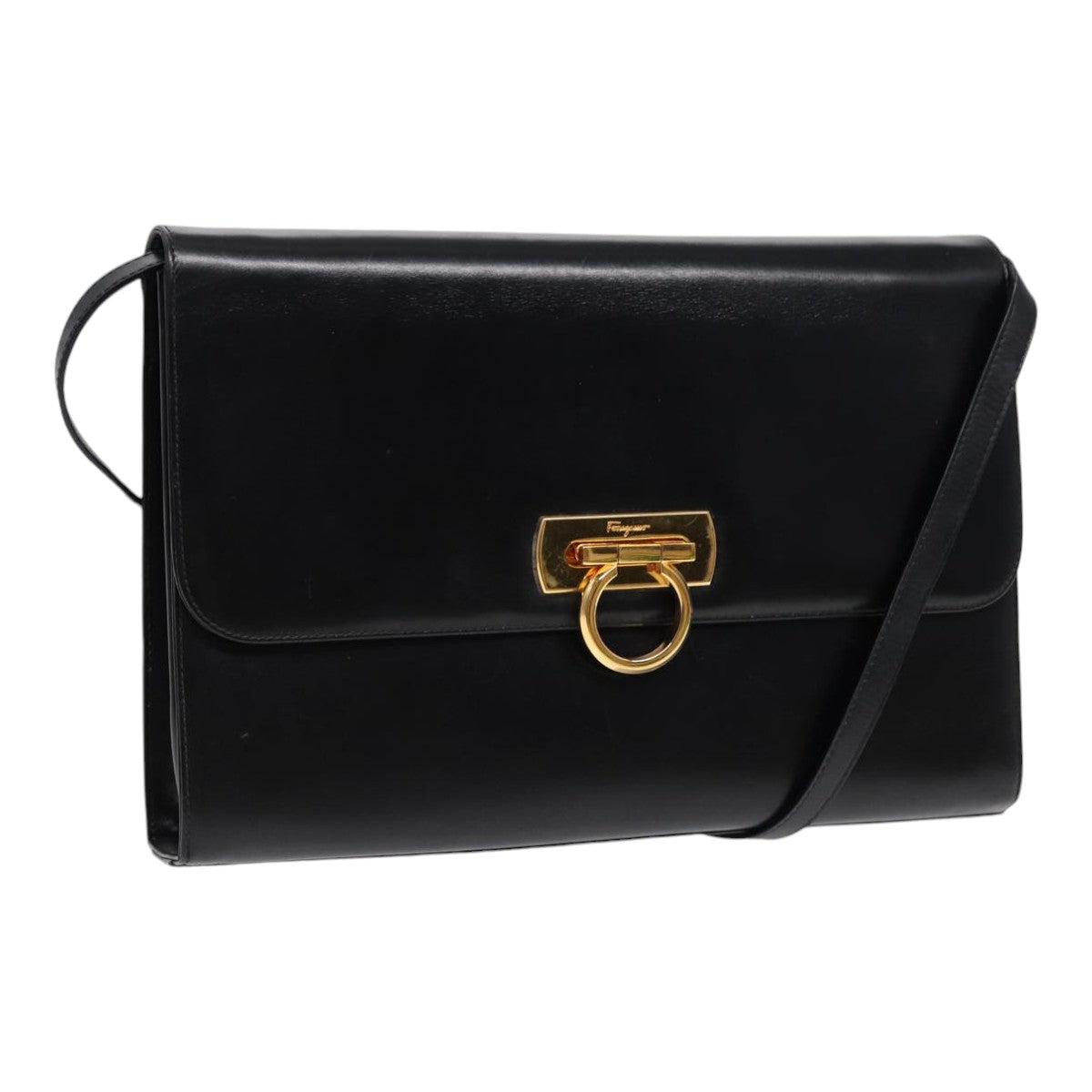 Salvatore Ferragamo Gancini Shoulder Bag Leather Black Gold Auth 87900