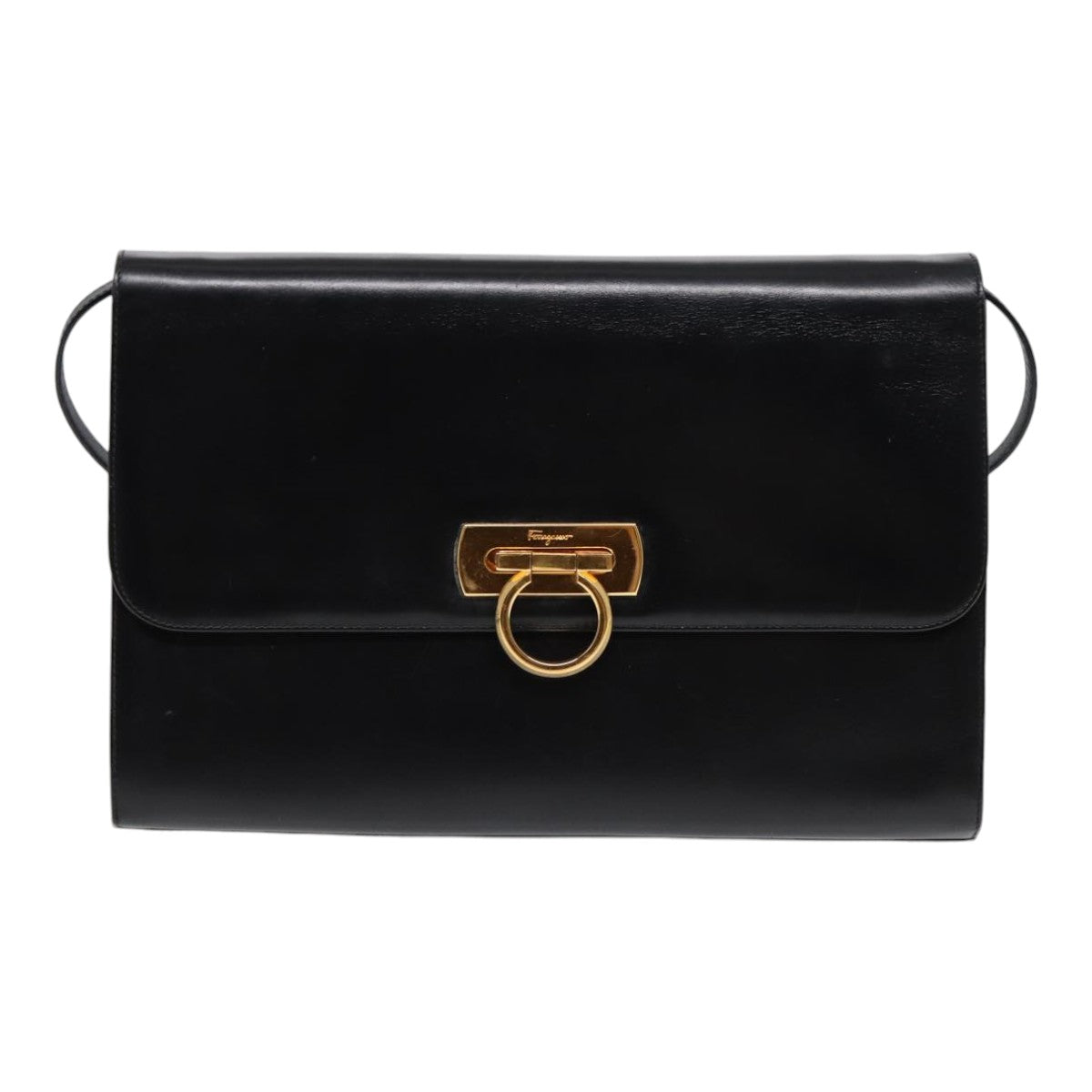 Salvatore Ferragamo Gancini Shoulder Bag Leather Black Gold Auth 87900 - 0