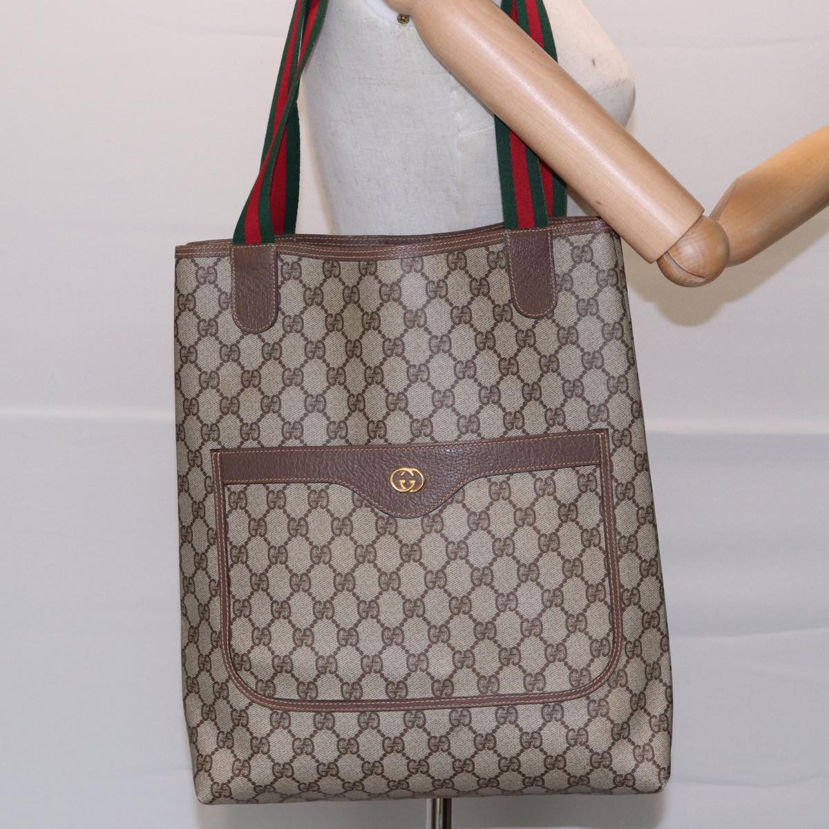 GUCCI GG Supreme Web Sherry Line Tote Bag PVC Beige Red Green 002 123 Auth 87902