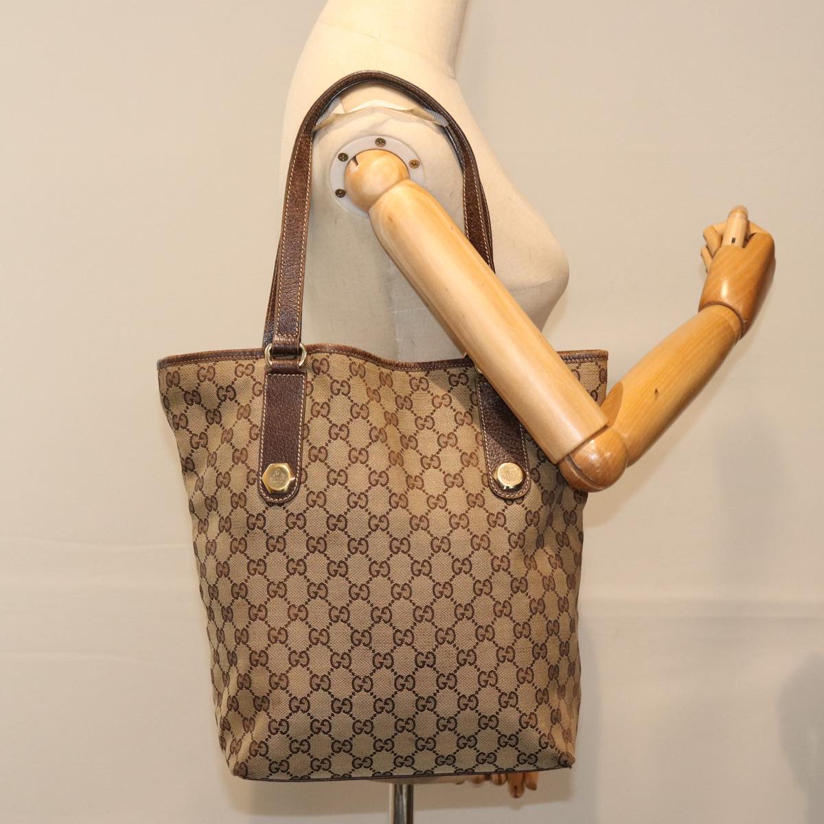 GUCCI GG Canvas Tote Bag Beige Gold 153009 Auth 87903