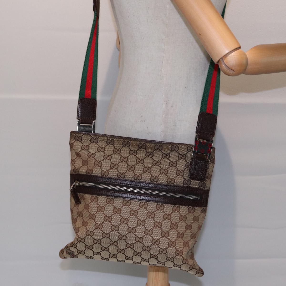 GUCCI GG Canvas Web Sherry Line Shoulder Bag Beige Red Green 145809 Auth 87905