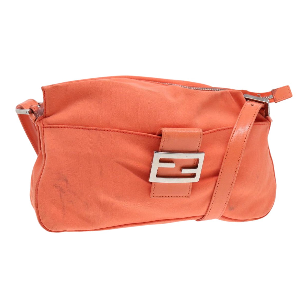 FENDI Mamma Baguette Shoulder Bag Nylon Orange Silver Auth 88076