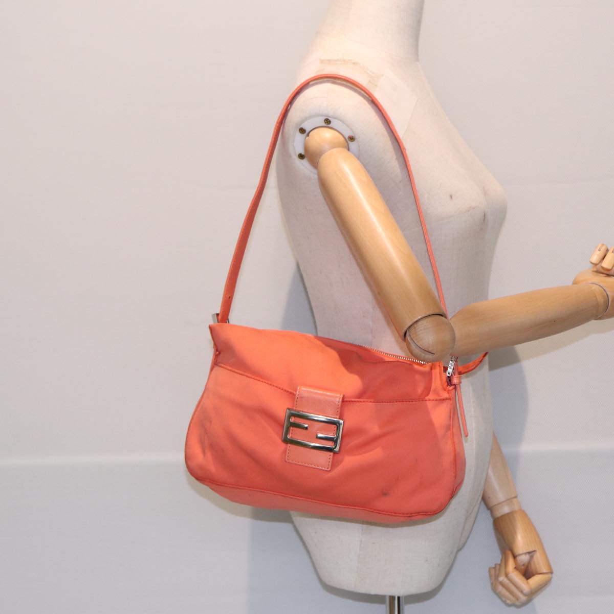 FENDI Mamma Baguette Shoulder Bag Nylon Orange Silver Auth 88076