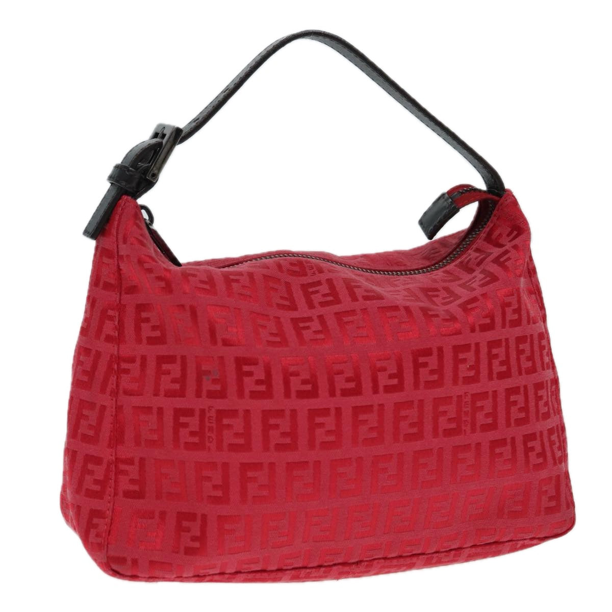 FENDI Zucchino Canvas Hand Bag Red Silver Auth 88077