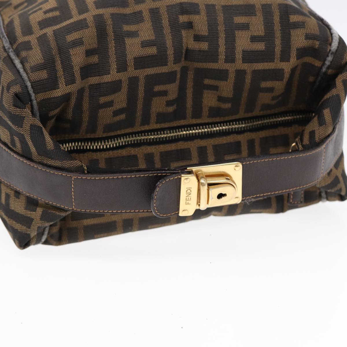 FENDI Zucca Canvas Hand Bag Brown Black gold Auth 88080