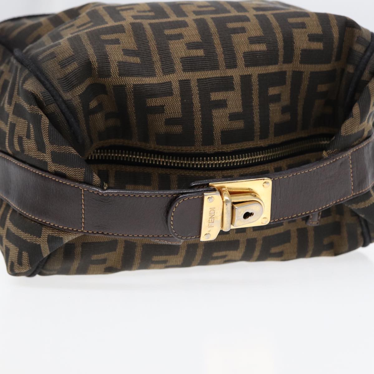 FENDI Zucca Canvas Hand Bag Brown Black gold Auth 88082