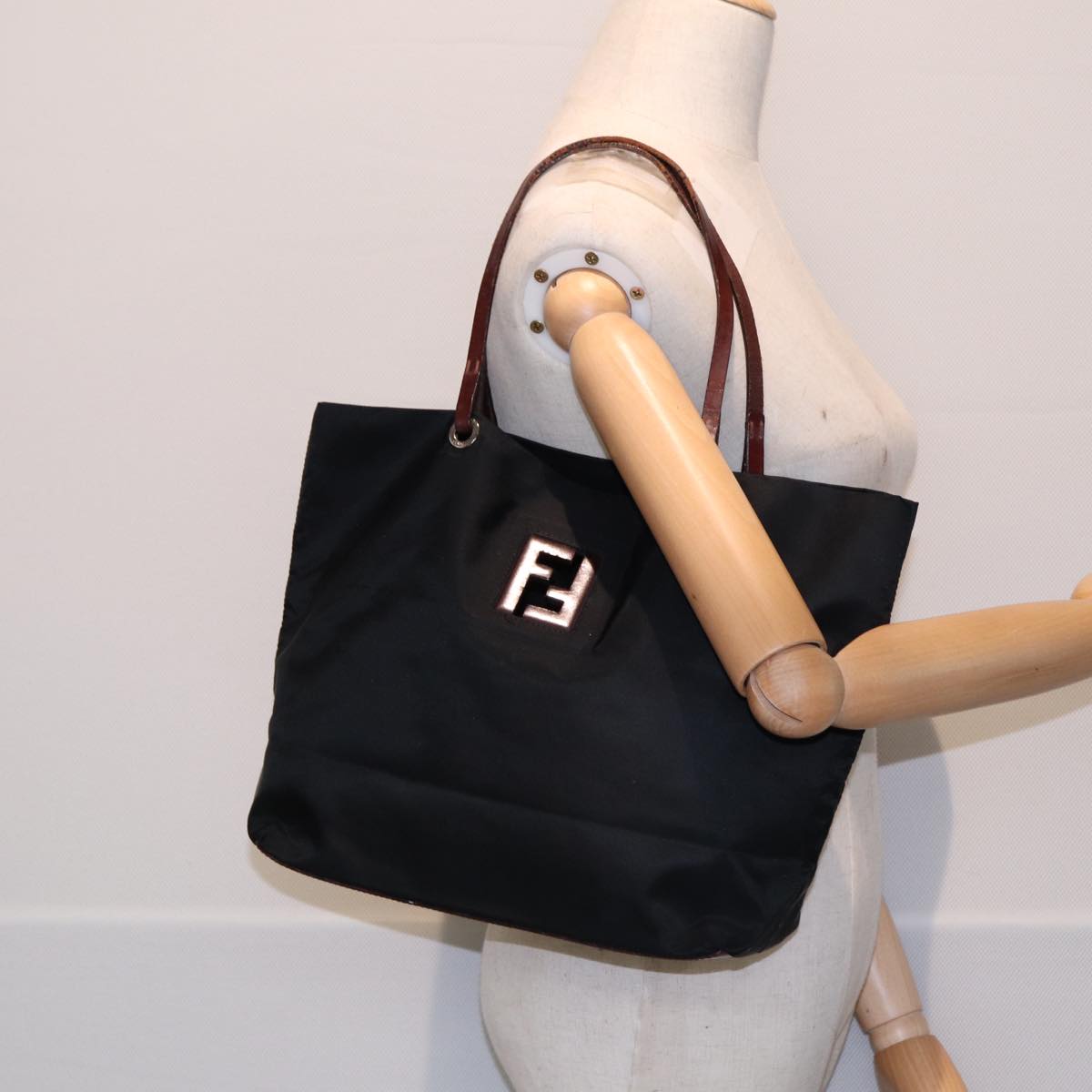 FENDI Tote Bag Nylon Black Silver Auth 88083