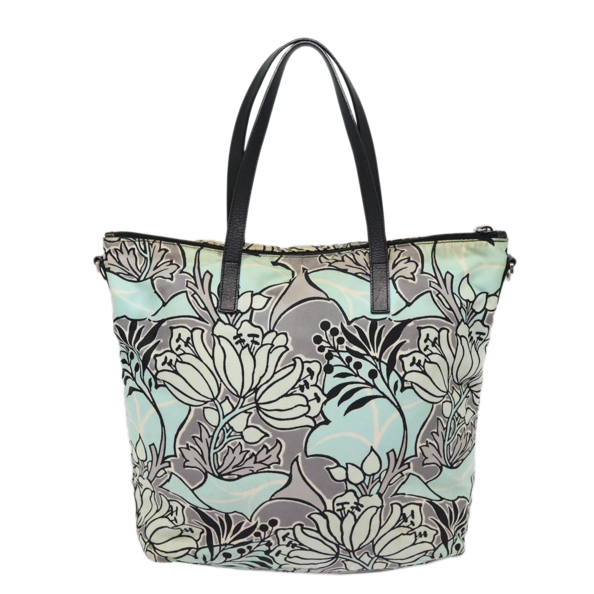 PRADA Flower Tote Bag Nylon 2way Light Blue Black Silver Auth 88092 - 0