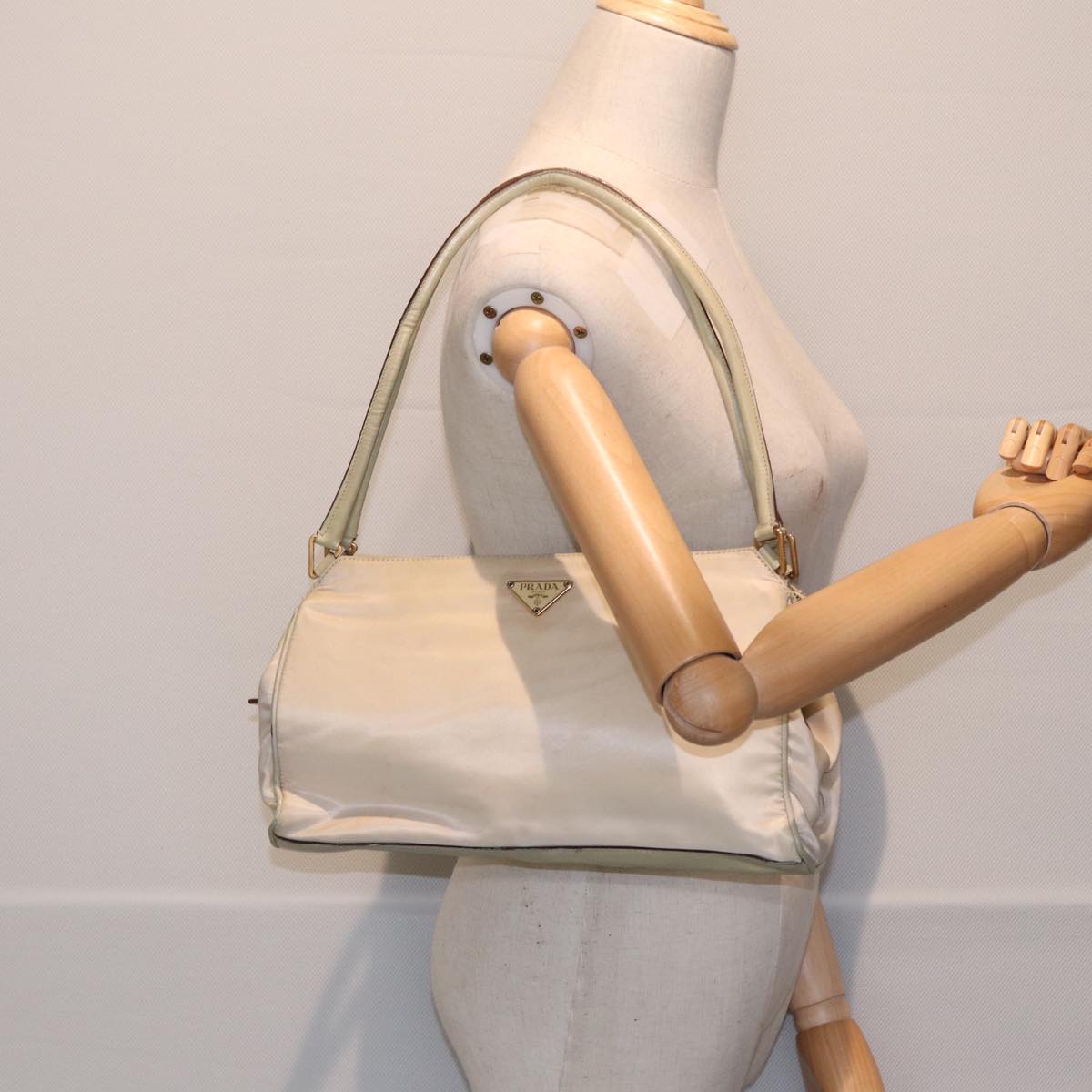 PRADA Hand Bag Nylon Beige Gold Auth 88094