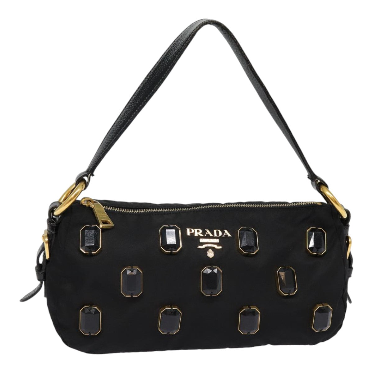 PRADA Shoulder Bag Nylon Black Gold Auth 88103