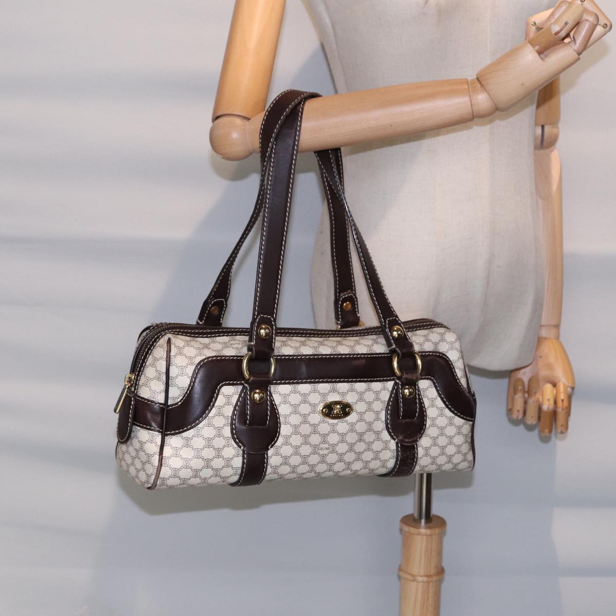 CELINE Macadam Canvas Hand Bag PVC White Gold Auth 88108