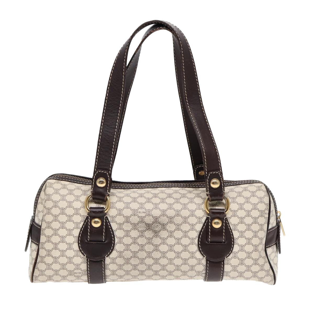 CELINE Macadam Canvas Hand Bag PVC White Gold Auth 88108