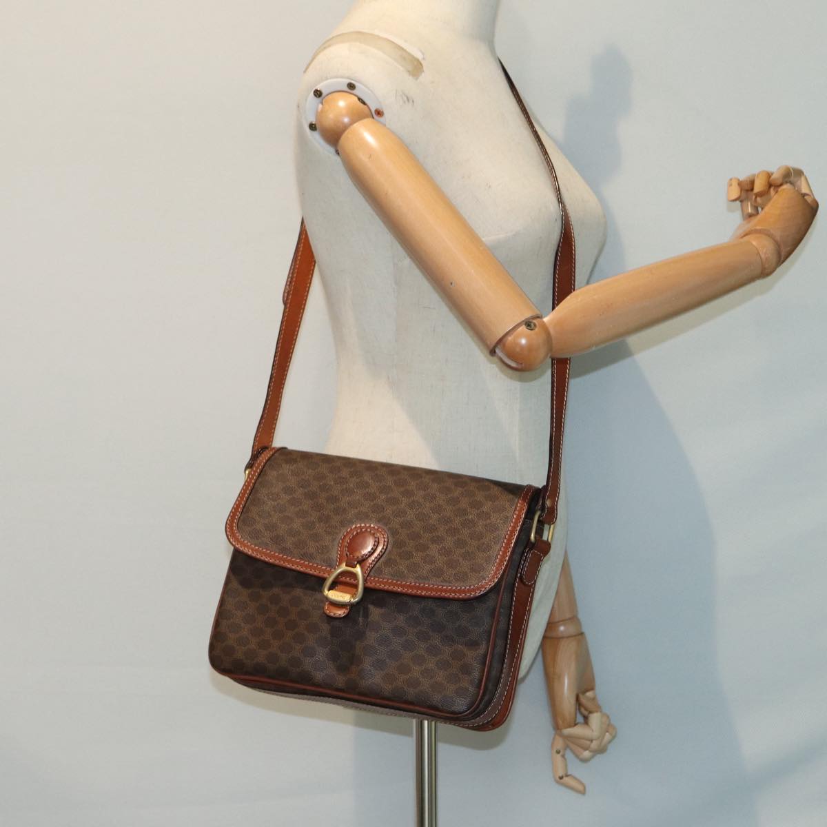 CELINE Macadam Canvas Shoulder Bag PVC Leather Brown Gold Auth 88109