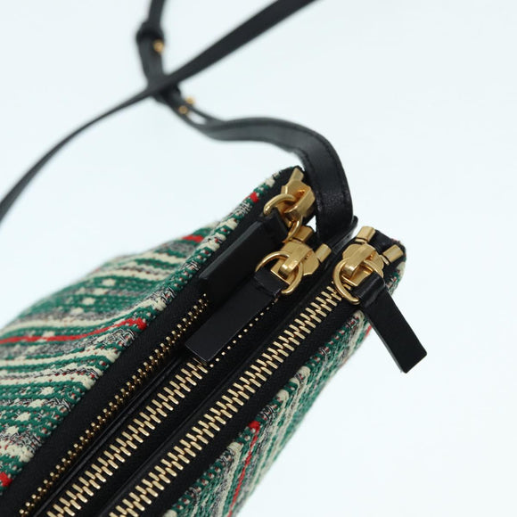 CELINE Trio Large Shoulder Bag Canvas Green Gold Auth 88114V