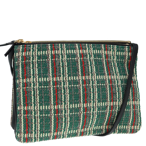 CELINE Trio Large Shoulder Bag Canvas Green Gold Auth 88114V