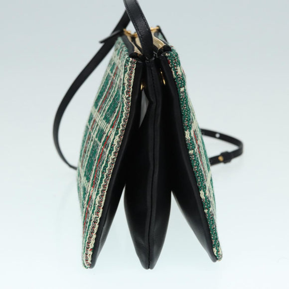 CELINE Trio Large Shoulder Bag Canvas Green Gold Auth 88114V