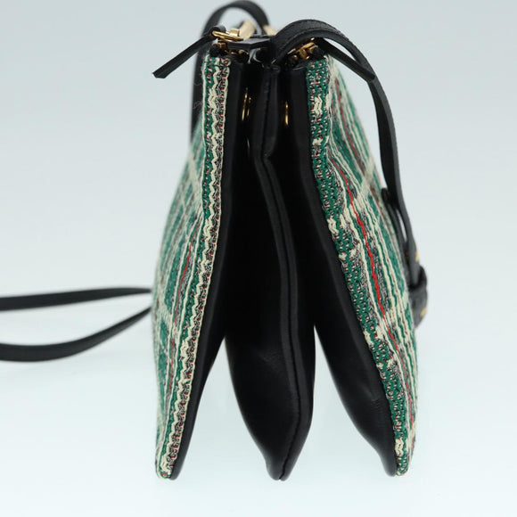 CELINE Trio Large Shoulder Bag Canvas Green Gold Auth 88114V