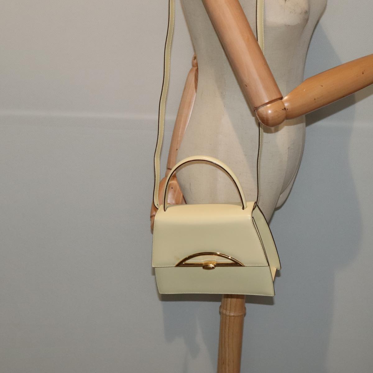 CELINE Hand Bag Leather 2way Cream Gold Auth 88115