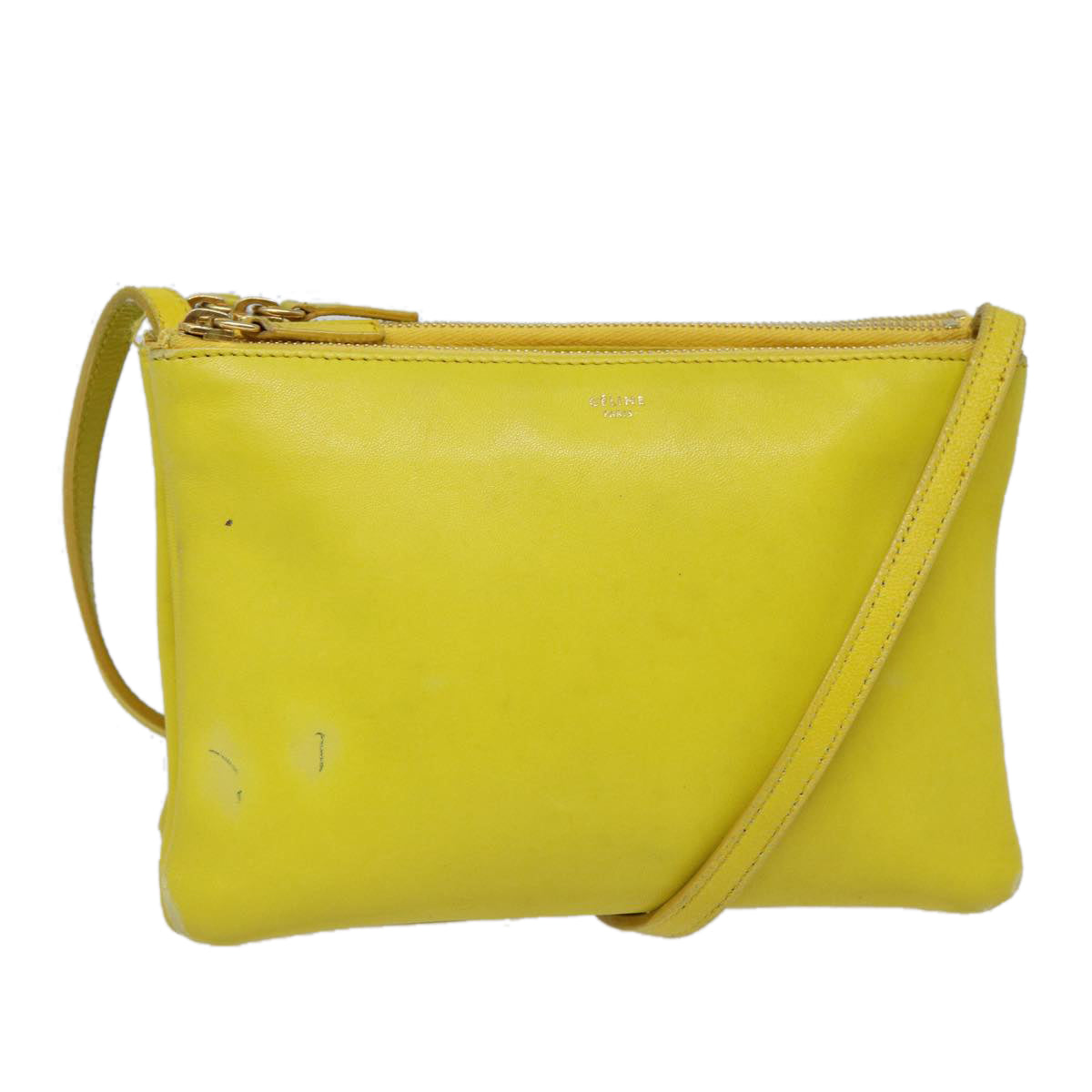 CELINE Trio Large Shoulder Bag Leather Yellow Gold Auth 88116