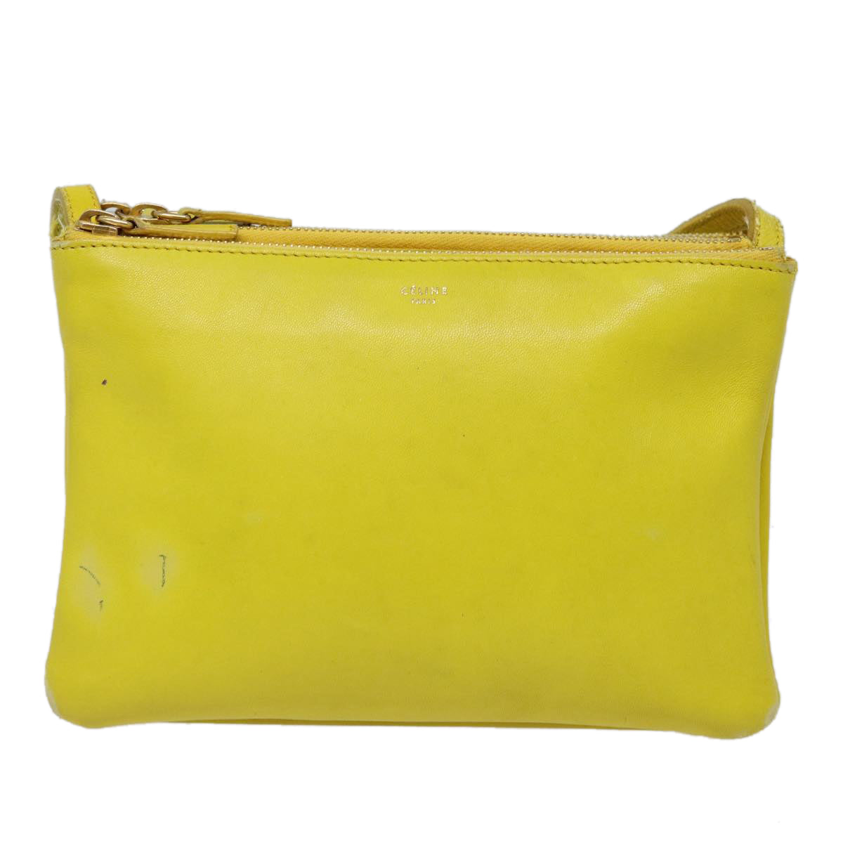 CELINE Trio Large Shoulder Bag Leather Yellow Gold Auth 88116