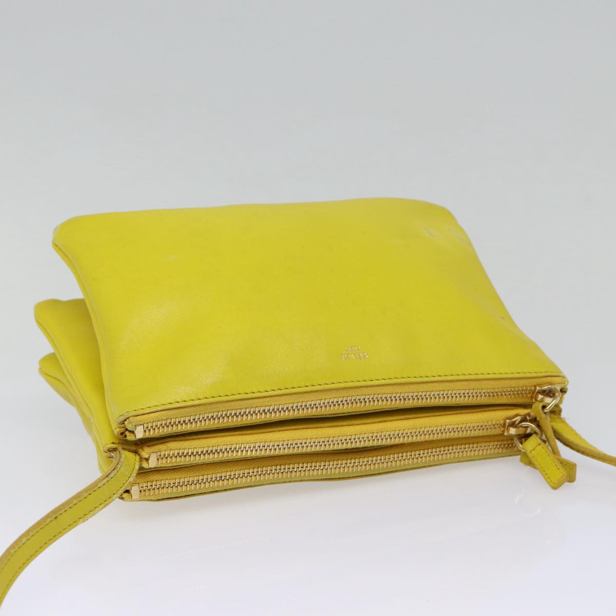 CELINE Trio Large Shoulder Bag Leather Yellow Gold Auth 88116