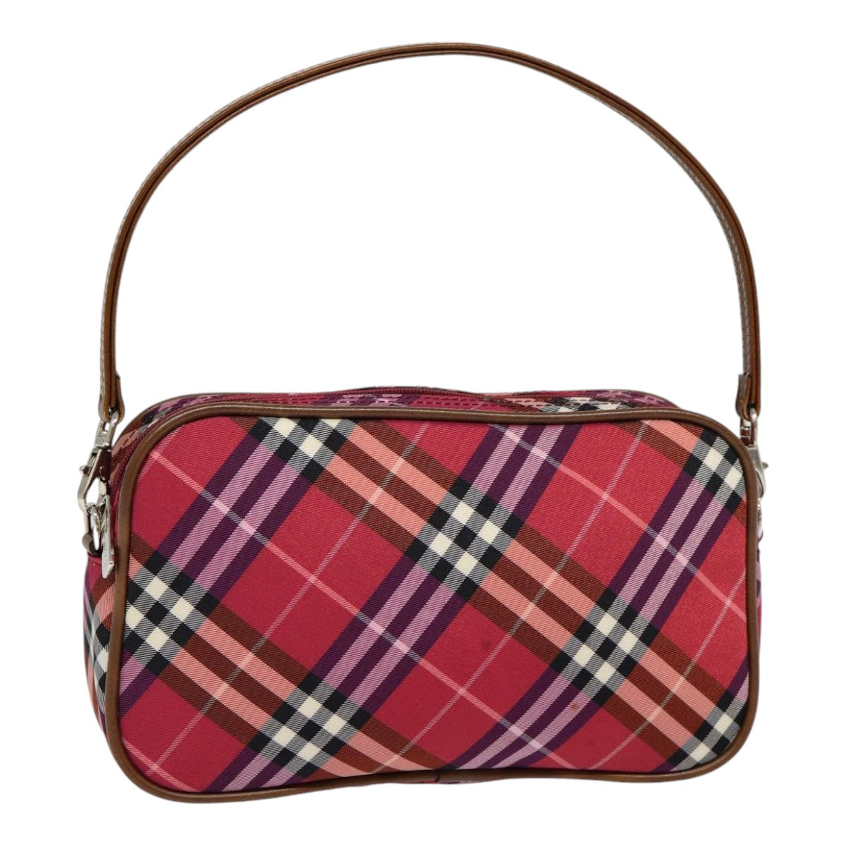 BURBERRY Nova Check Blue Label Hand Bag Nylon Red Silver Auth 88124