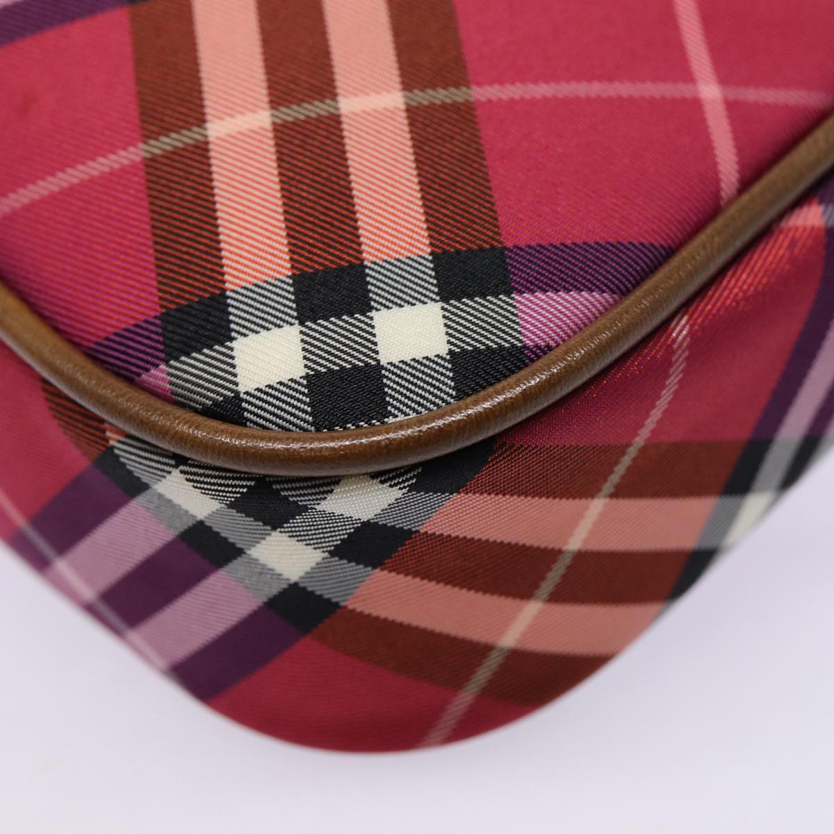 BURBERRY Nova Check Blue Label Hand Bag Nylon Red Silver Auth 88124