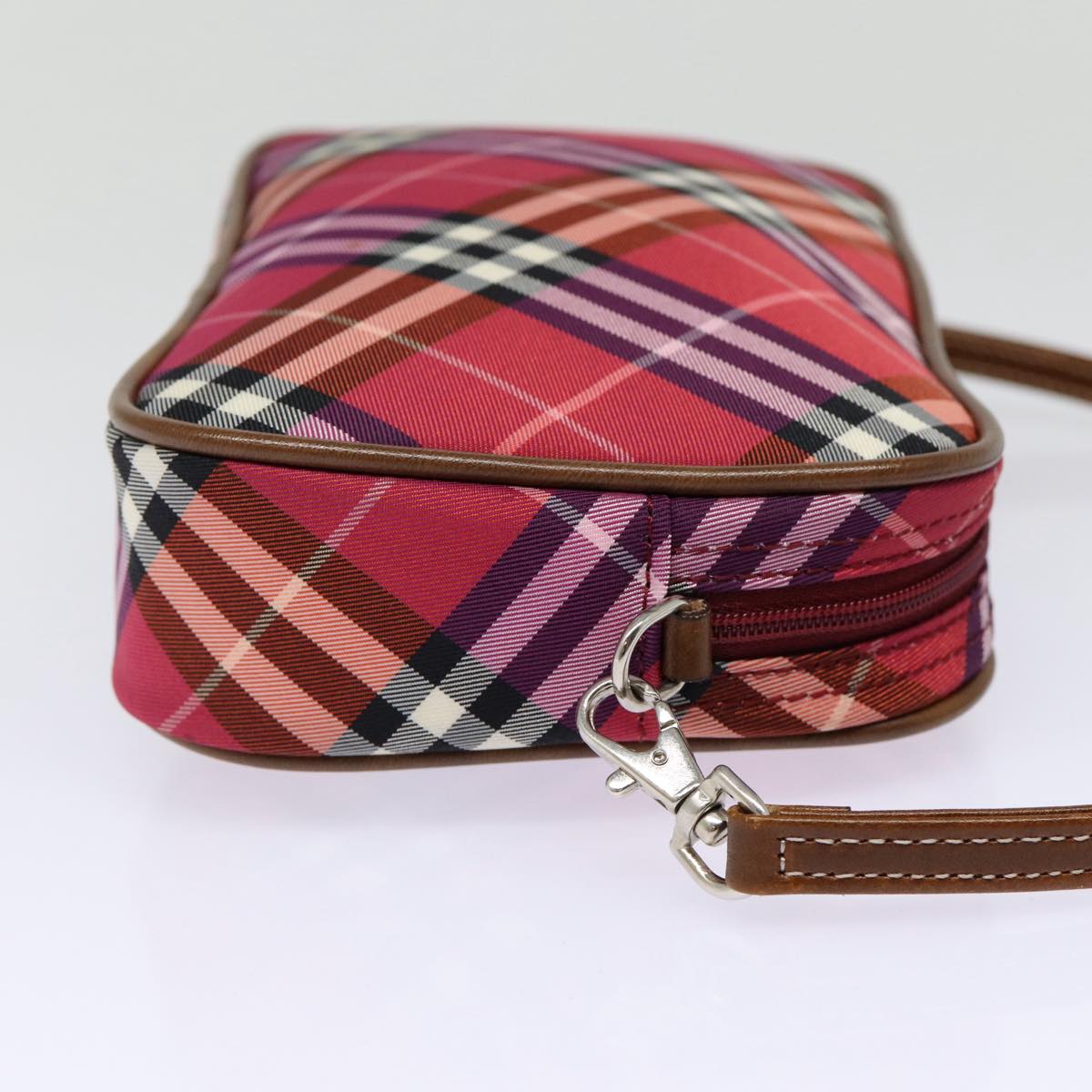 BURBERRY Nova Check Blue Label Hand Bag Nylon Red Silver Auth 88124