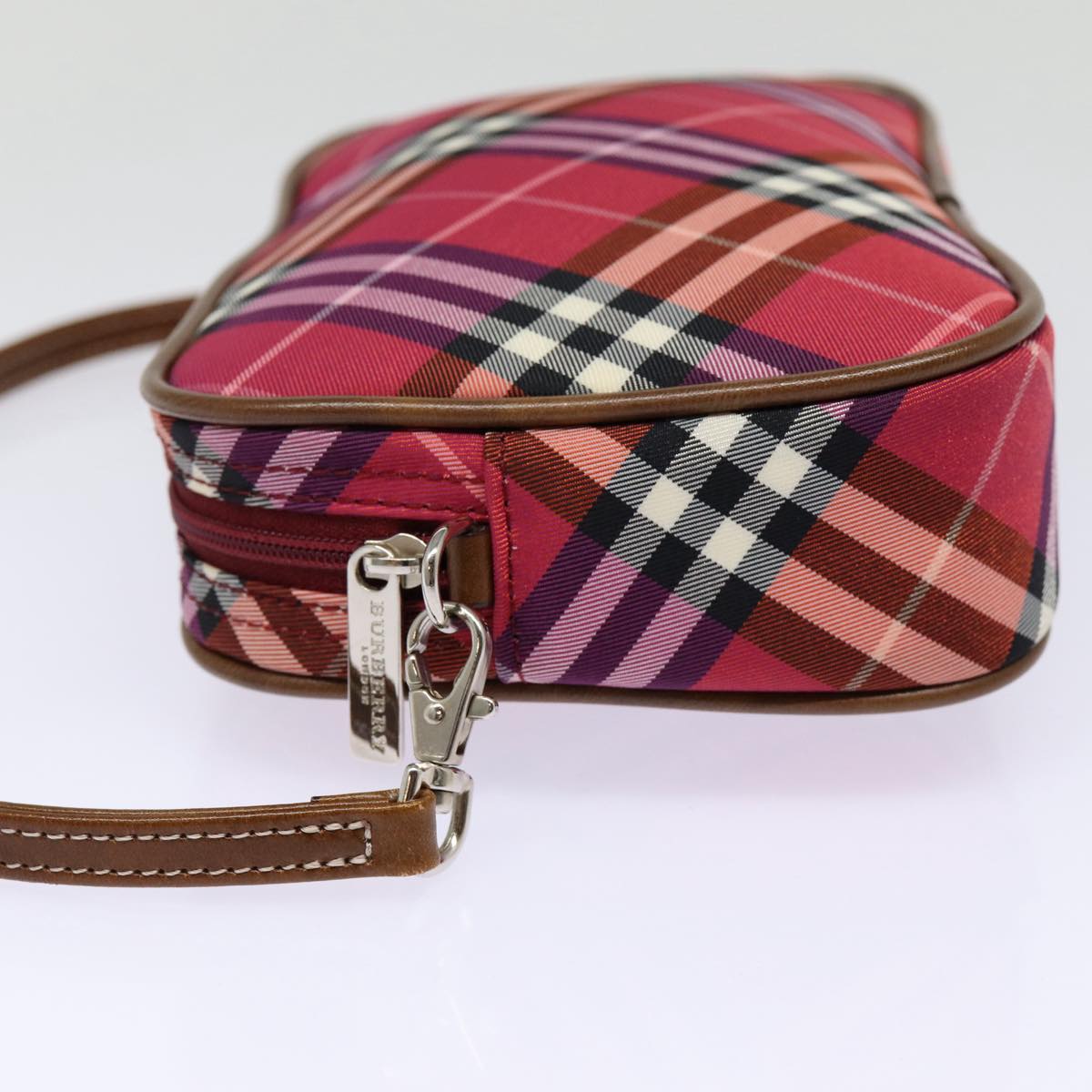 BURBERRY Nova Check Blue Label Hand Bag Nylon Red Silver Auth 88124