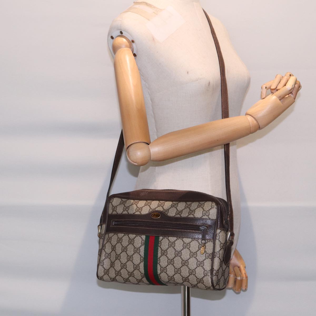 GUCCI GG Supreme Web Sherry Line Shoulder Bag PVC Beige 72 001 4071 Auth 88146