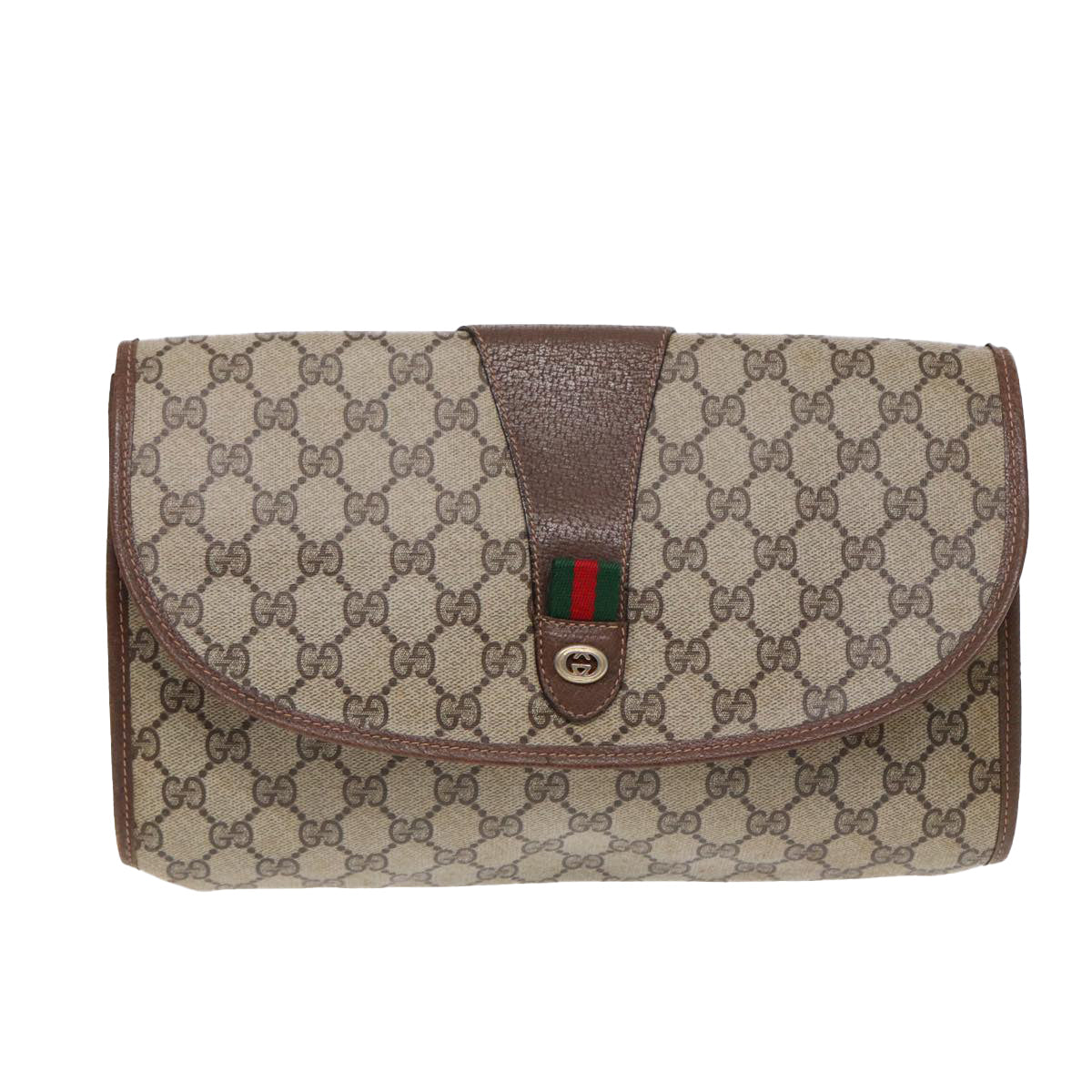 GUCCI GG Supreme Web Sherry Line Clutch Bag PVC Red Gold 156 01 031 Auth 88149